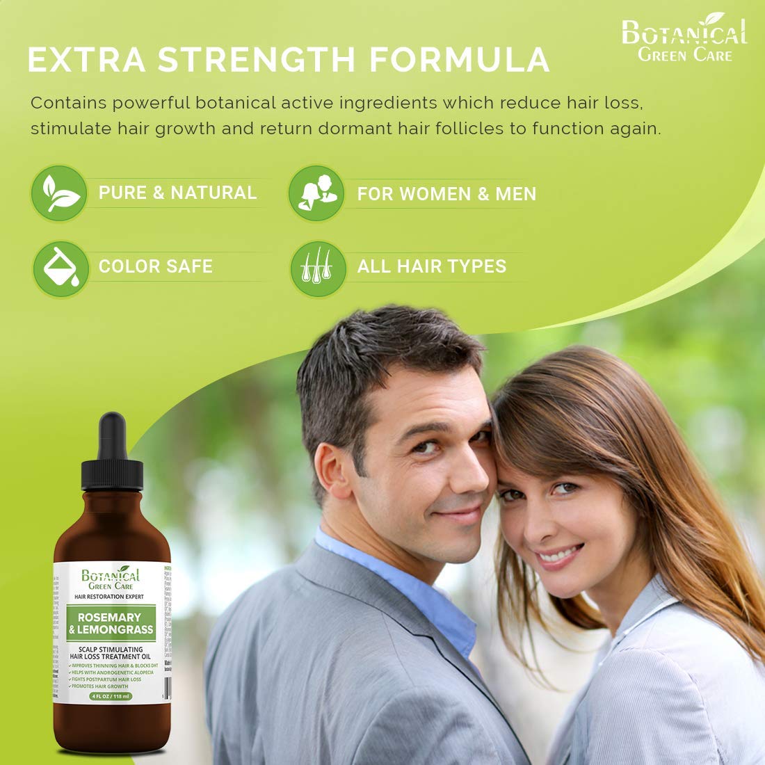 Botanical Green Care biotin-infused oil bottle highlights nourishing ingredients for thinning hair.