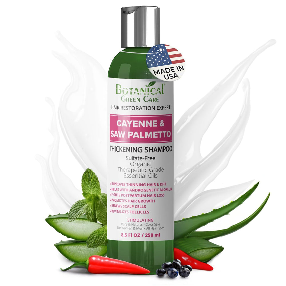 Botanical Green Care Cayenne Saw Palmetto Biotin Shampoo bottle for thinning hair, vegan formula.