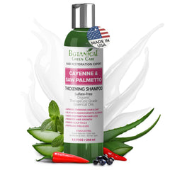 Botanical Green Care Cayenne Saw Palmetto Biotin Shampoo bottle for thinning hair, vegan formula.
