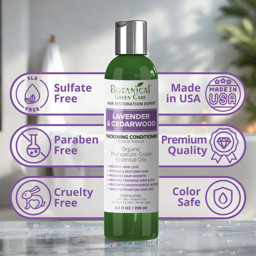 Botanical Green Care Lavender Cedarwood conditioner being poured for easy application