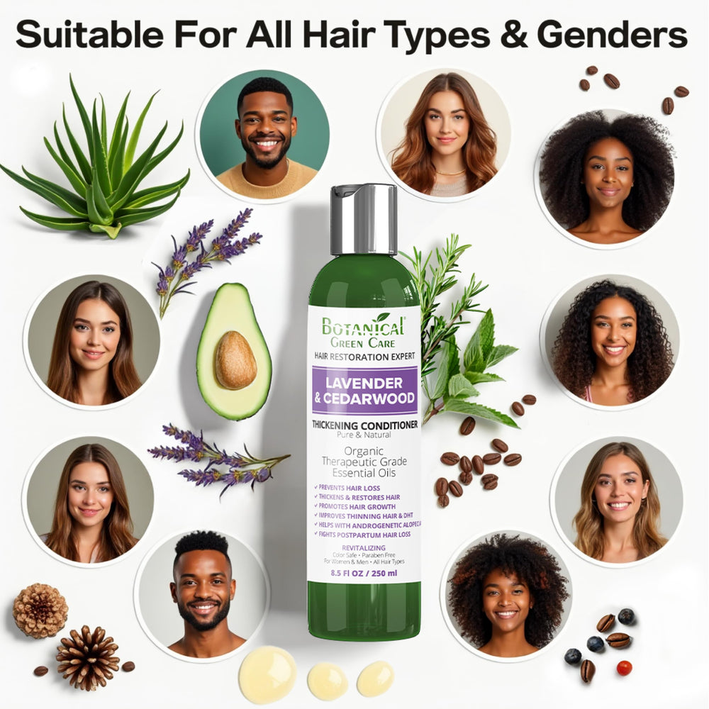 Botanical Green Care Lavender Cedarwood conditioner on hair with healthy shine