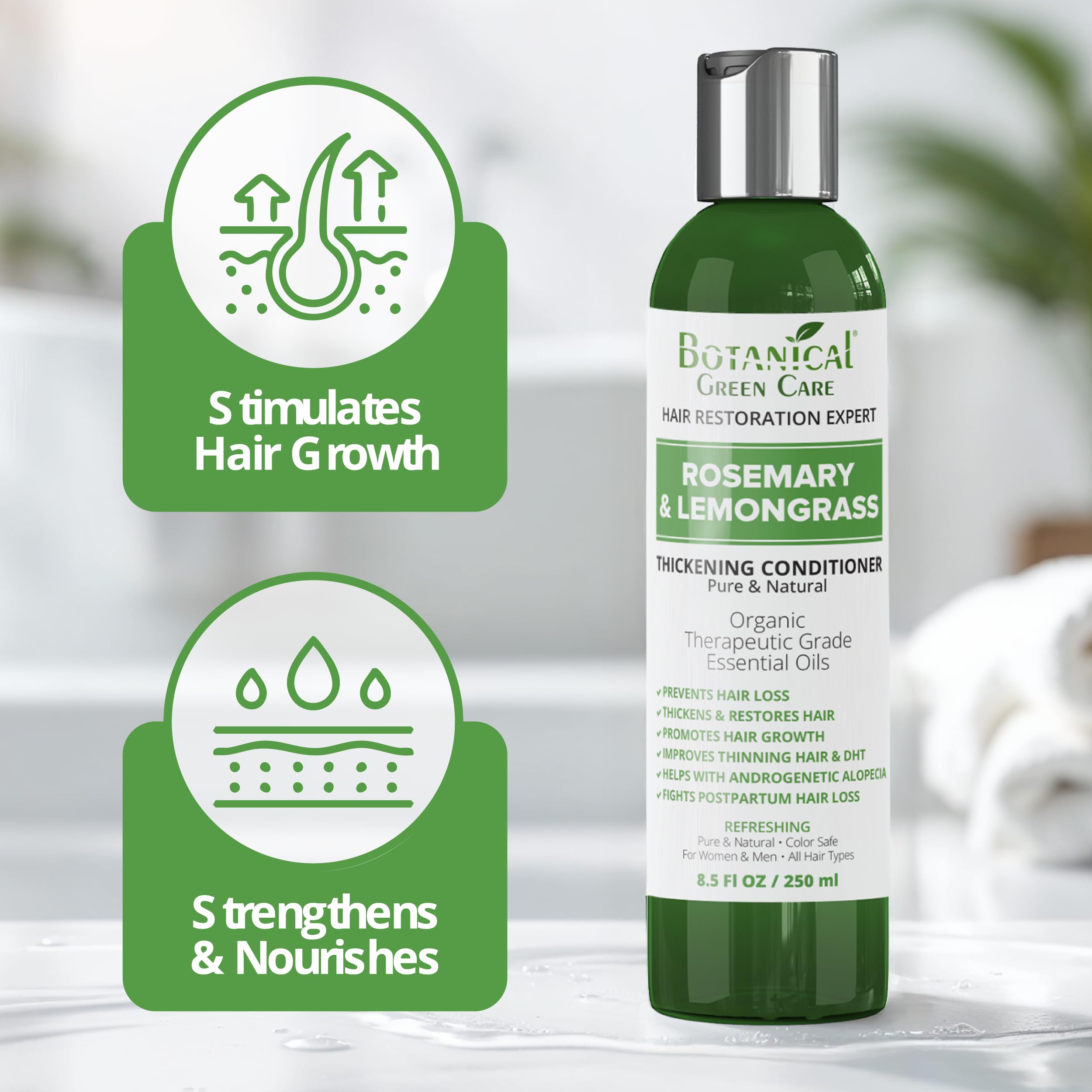 Botanical Green Care Rosemary & Lemongrass Conditioner label highlights natural ingredients