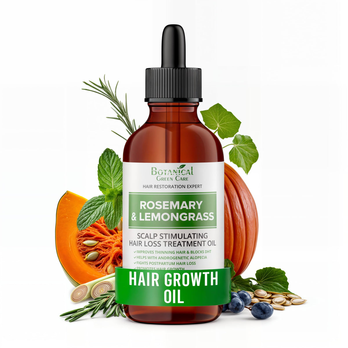 Botanical Green Care Rosemary & Lemongrass Hair Oil bottle with invigorating aroma for healthy-looking hair.