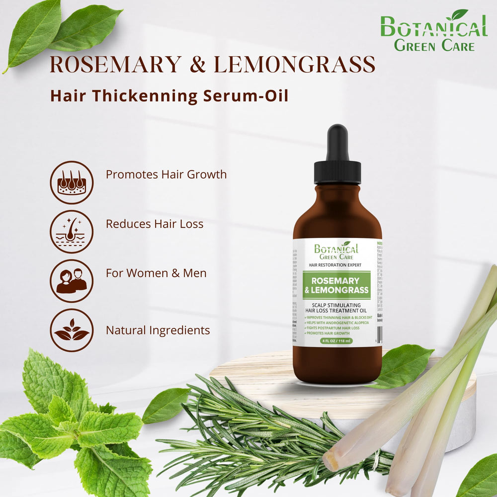 Botanical Green Care rosemary lemongrass hair oil pump enables easy application and fresh fragrance.