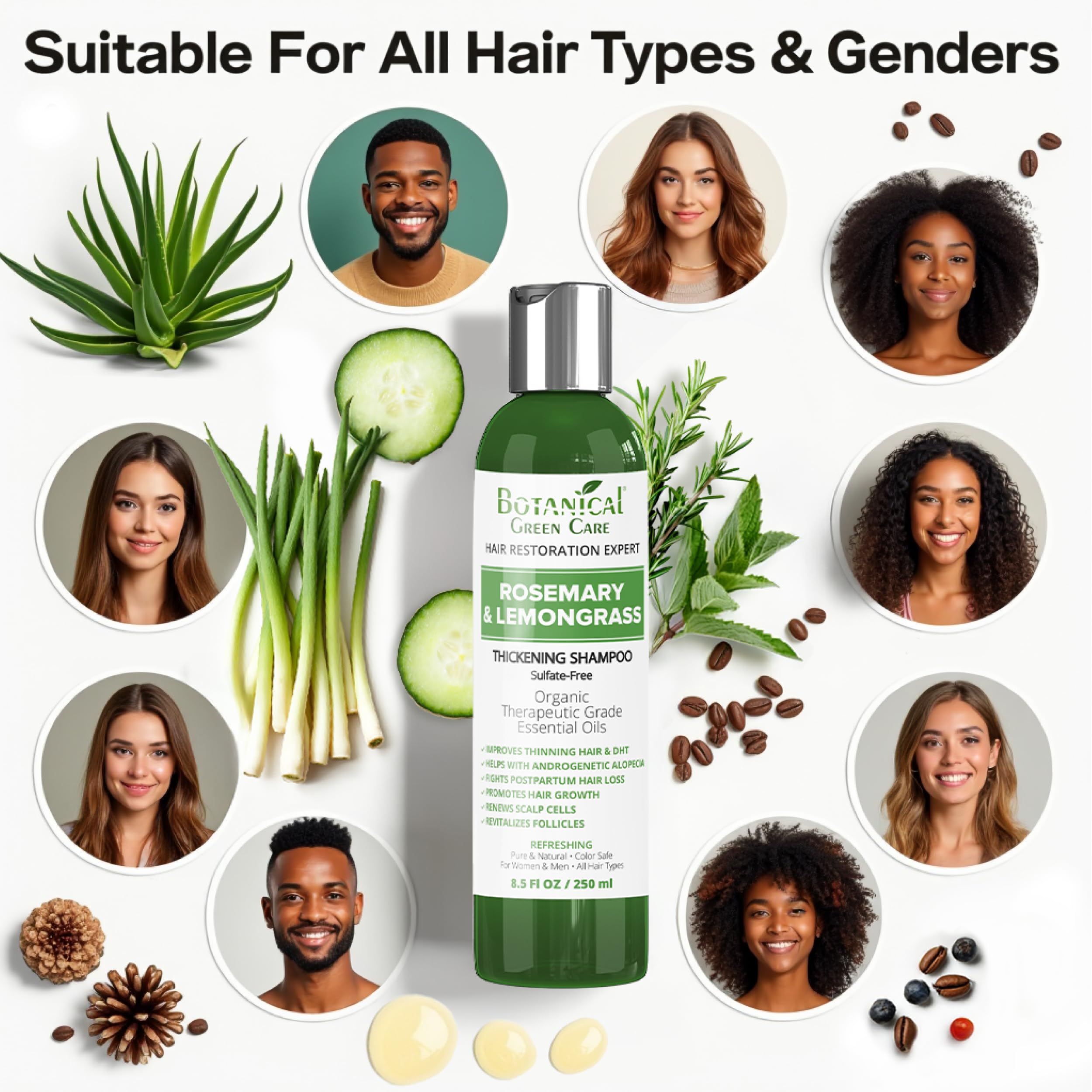 Application on scalp with Botanical Green Care shampoo for thinning hair.