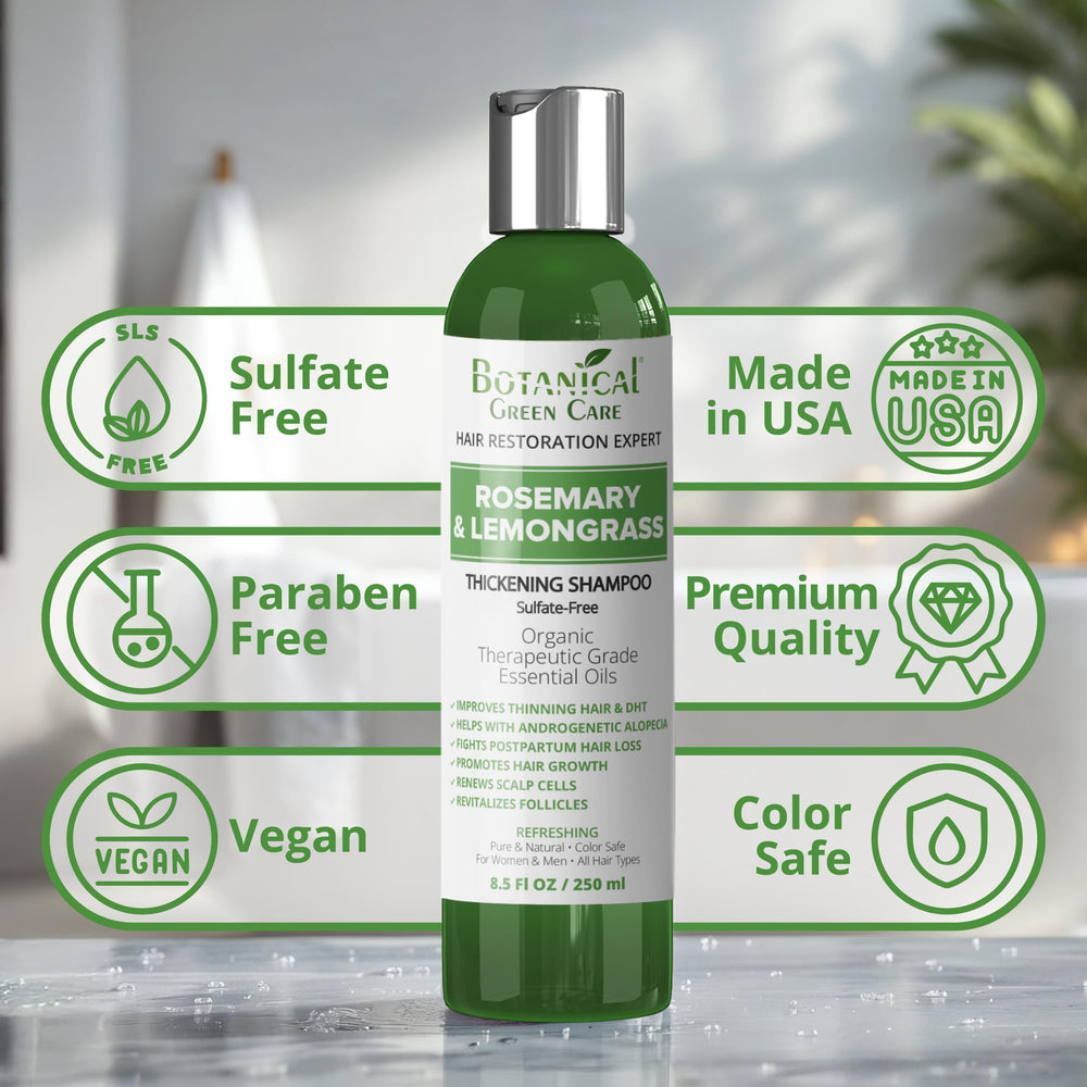 Botanical Green Care ingredients: rosemary and lemongrass for scalp balance.