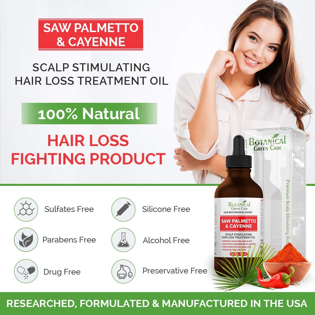 Botanical Green Care Saw Palmetto Cayenne serum being applied to scalp