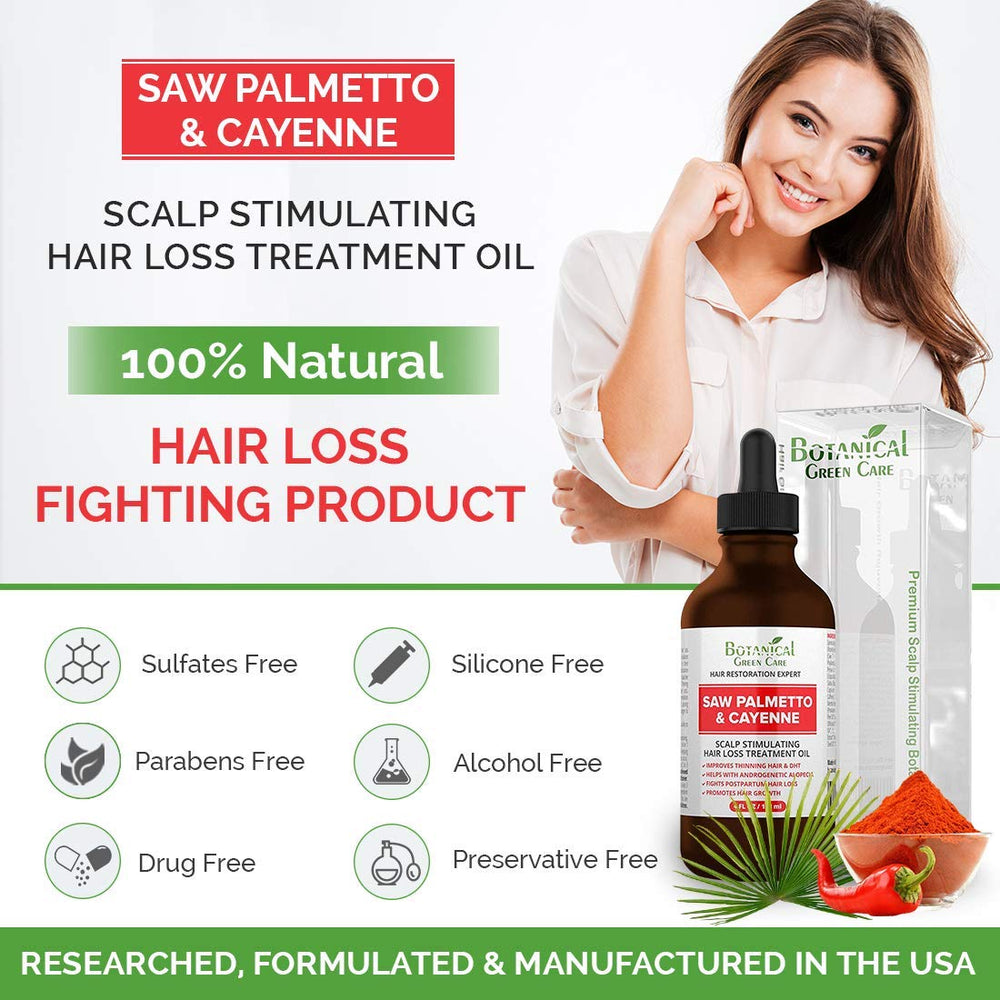 Botanical Green Care Saw Palmetto Cayenne serum being applied to scalp