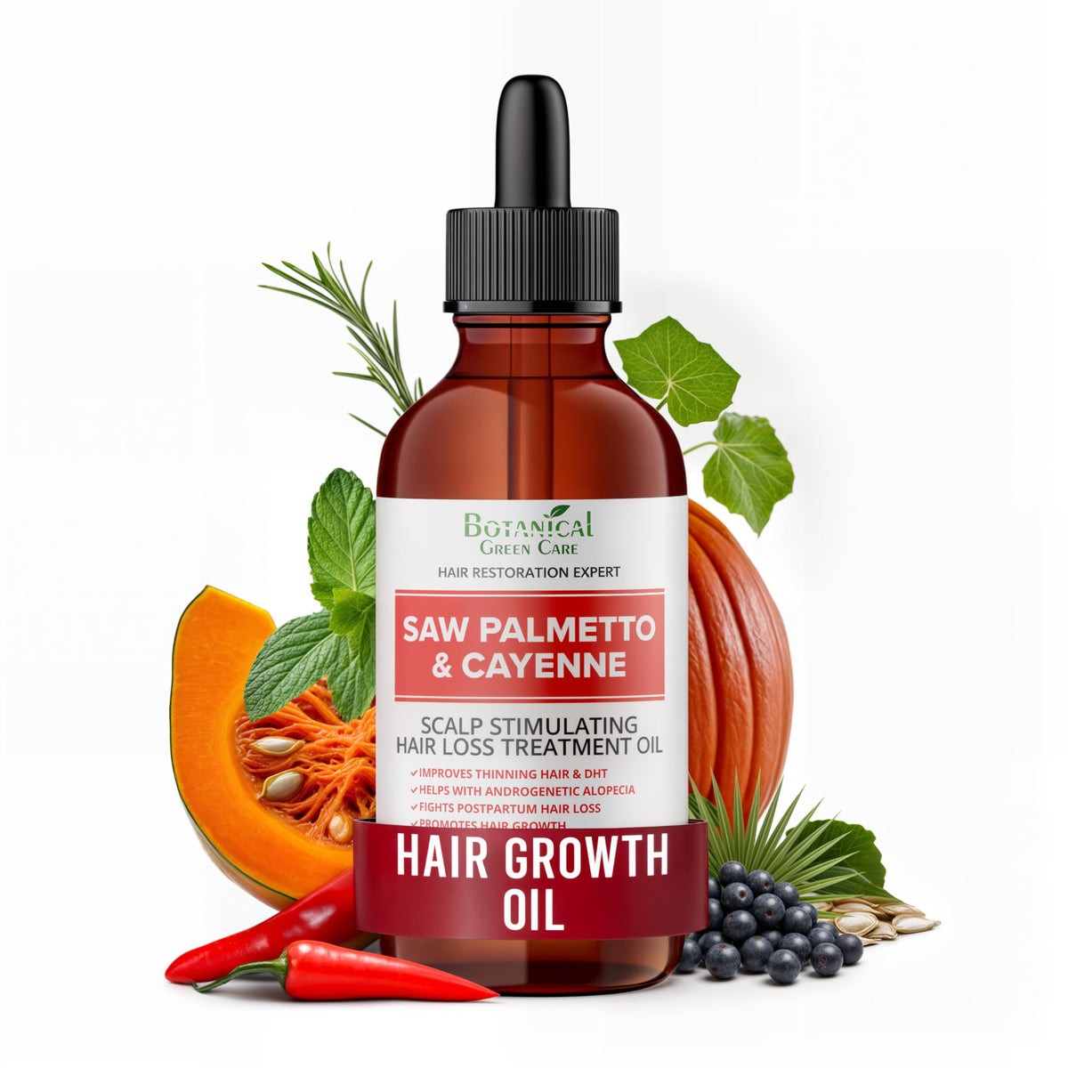 Botanical Green Care Saw Palmetto Cayenne serum bottle shows full hair possibilities
