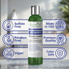 Botanical Green Care Strengthening Pro-Growth shampoo lather delivers a refreshing cleanse and volume.