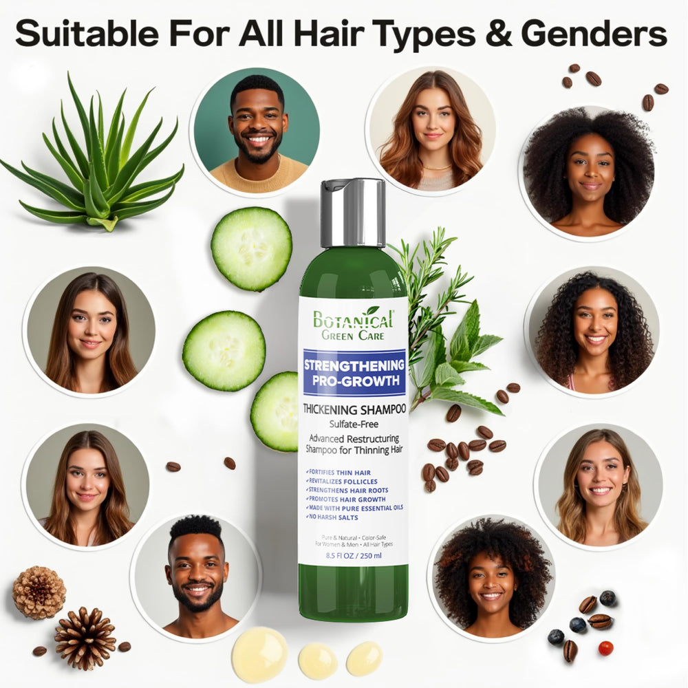 Botanical Green Care Pro-Growth shampoo applied to scalp emphasizes root vitality.