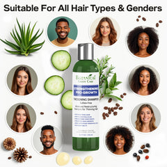 Botanical Green Care Pro-Growth shampoo applied to scalp emphasizes root vitality.