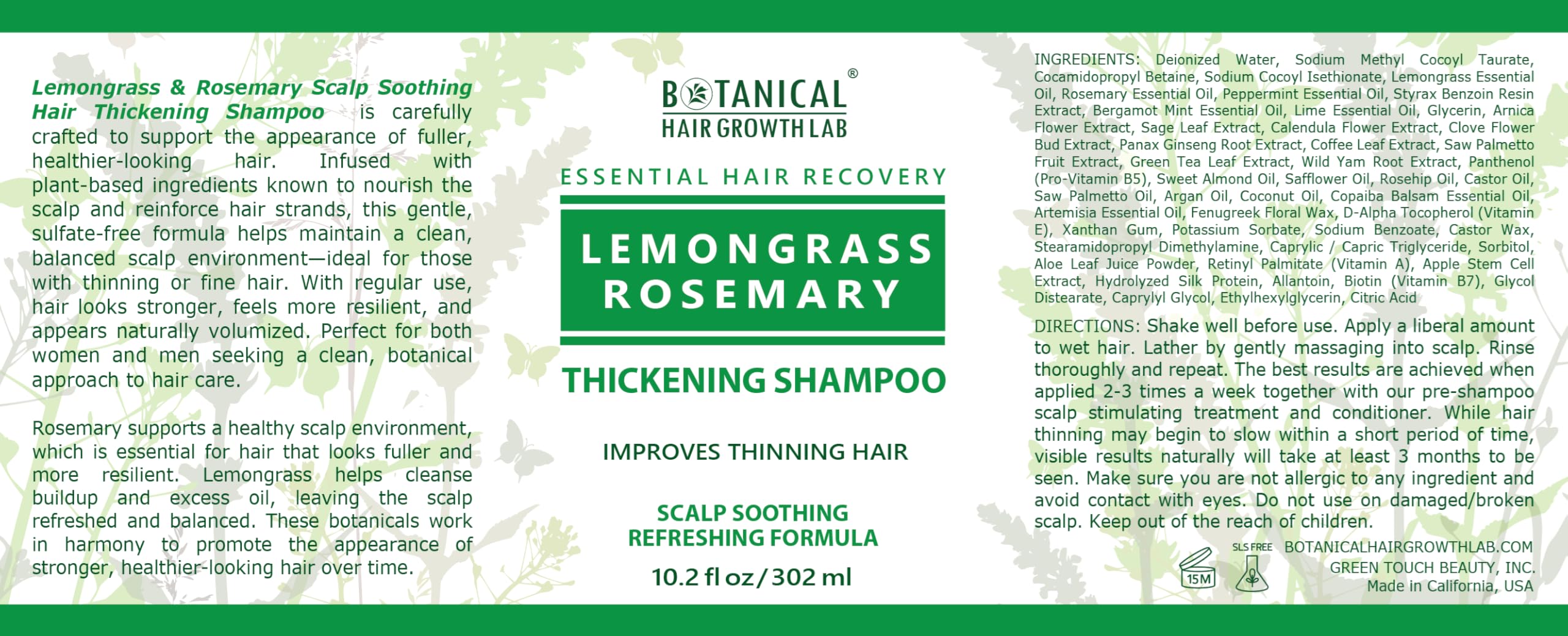 Botanical Hair Growth Lab shampoo in a near-sink scene focusing on hair texture and shine