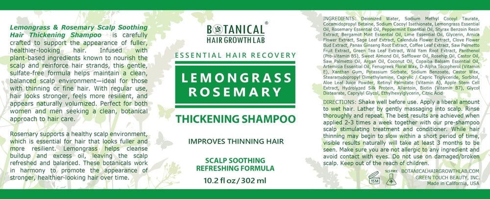 Botanical Hair Growth Lab shampoo in a near-sink scene focusing on hair texture and shine