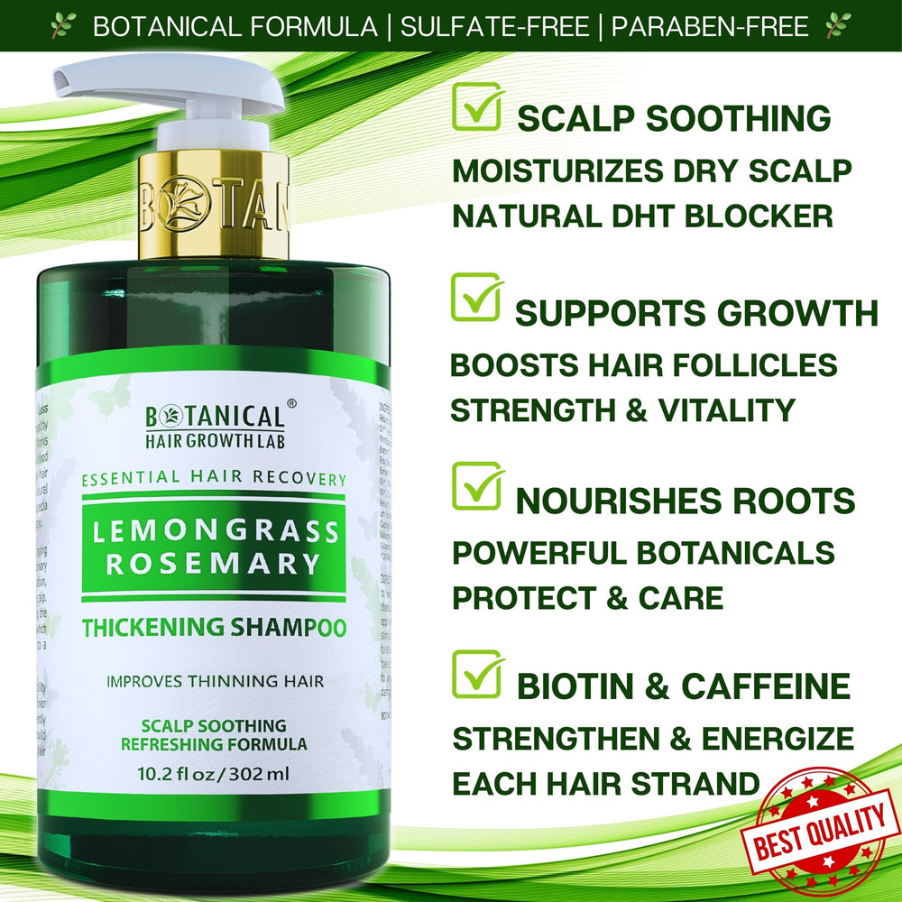 Botanical Hair Growth Lab rosemary shampoo with rosemary sprigs signaling natural scalp nourishment