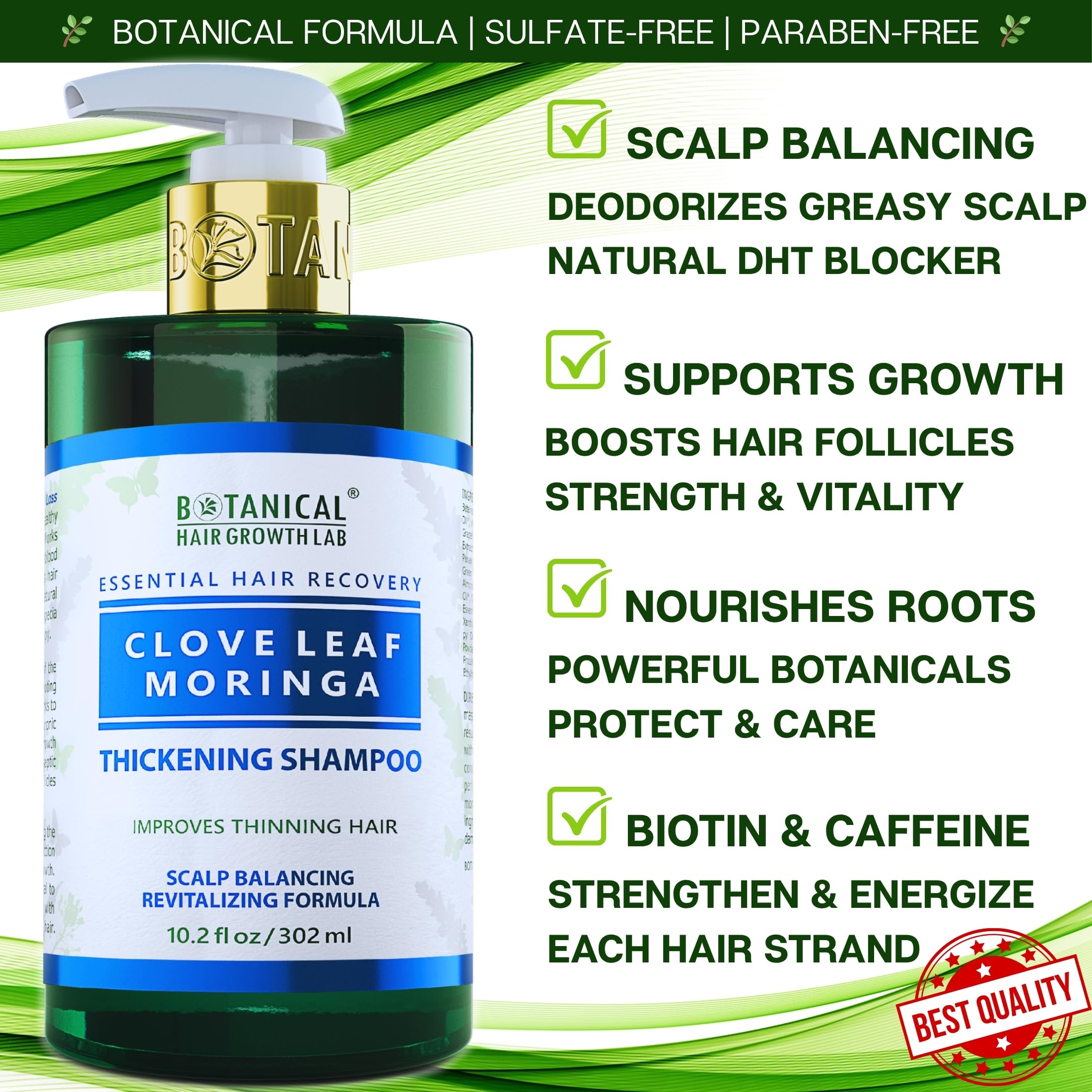 BOTANICAL HAIR GROWTH LAB label close-up showing botanical formula for hair vitality.