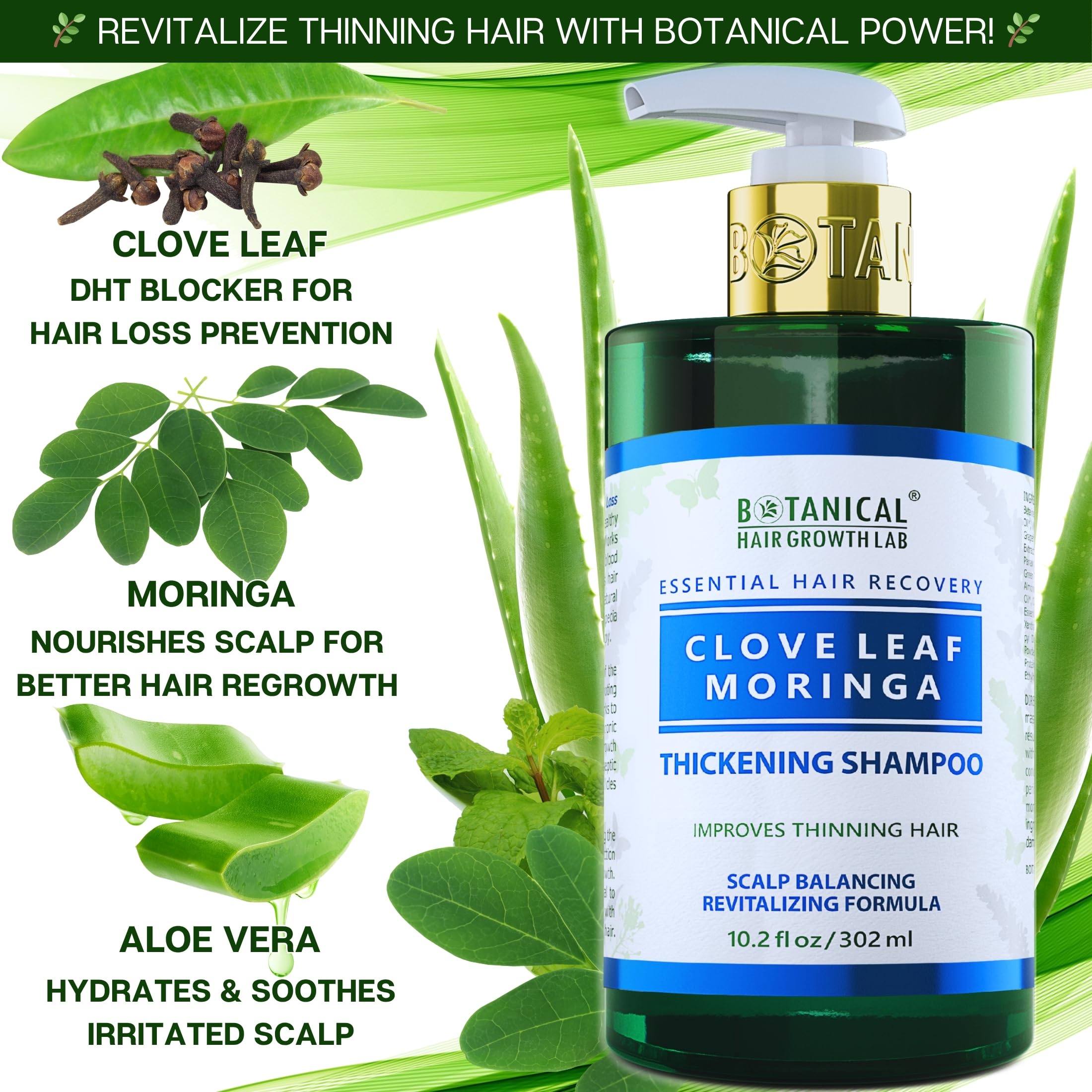 BOTANICAL HAIR GROWTH LAB pump-top bottle on bathroom shelf for routine.