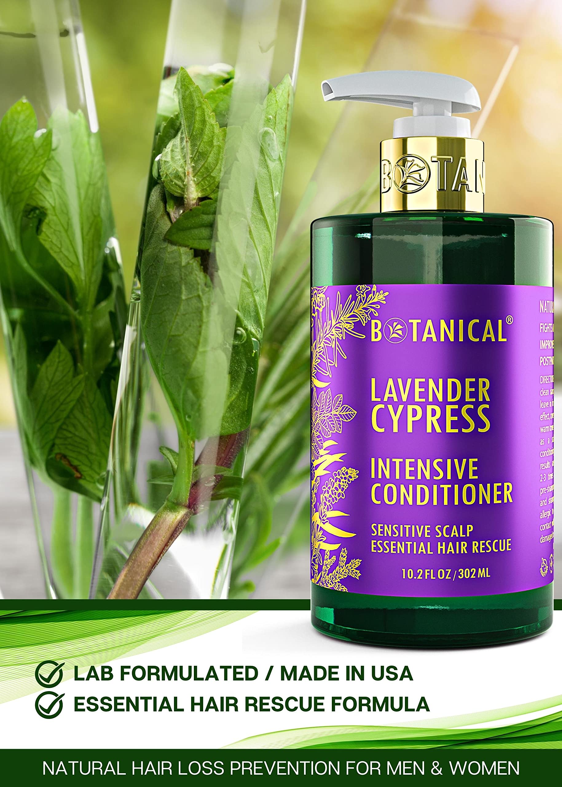Botanical Hair Growth Lab lavender conditioner label highlights essential oils and vegan formulation