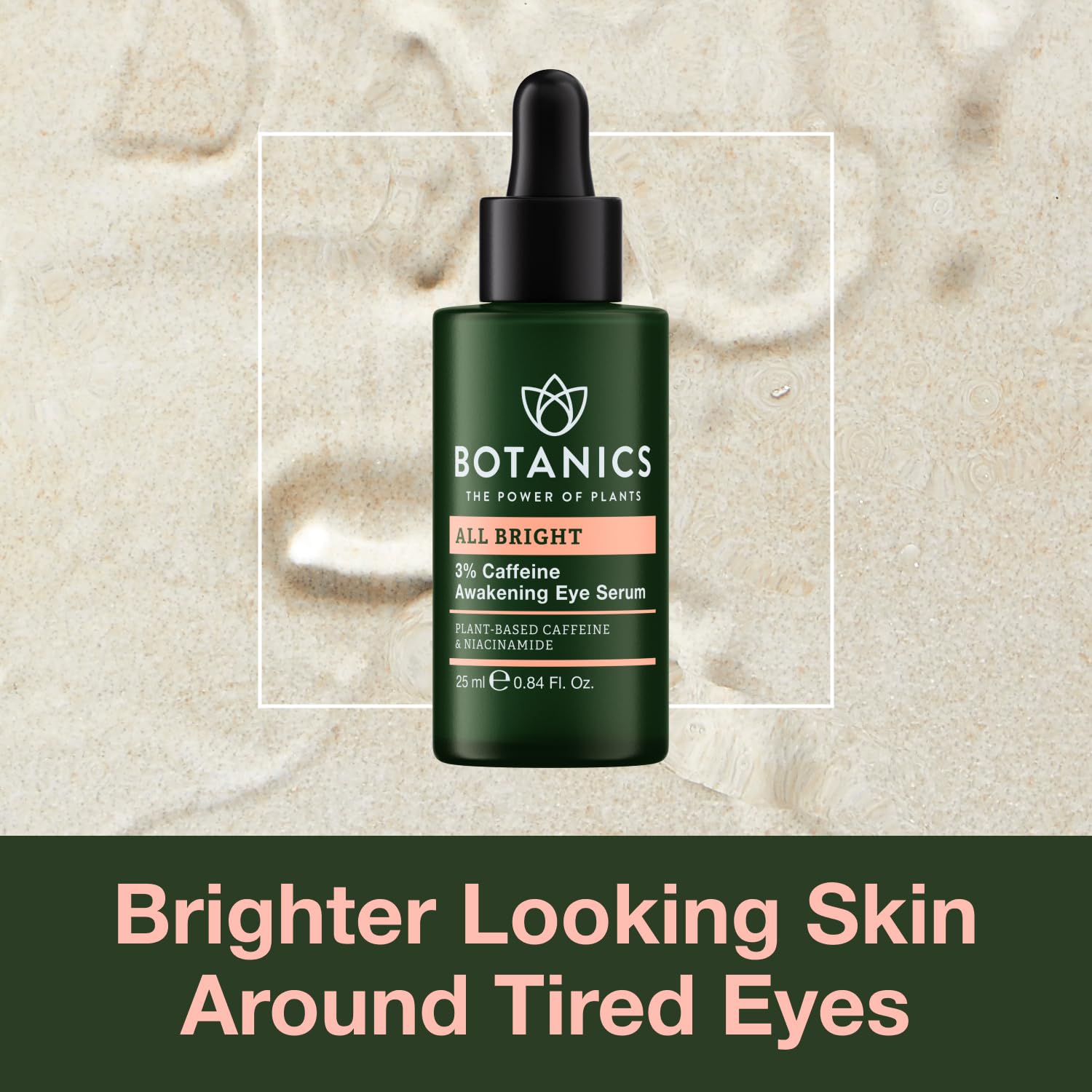 Botanics All Bright caffeine eye serum application shows cooling, soothing use.