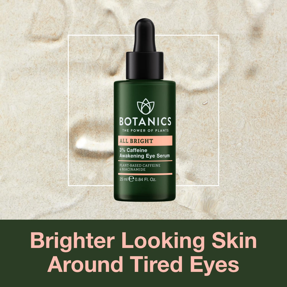 Botanics All Bright caffeine eye serum application shows cooling, soothing use.