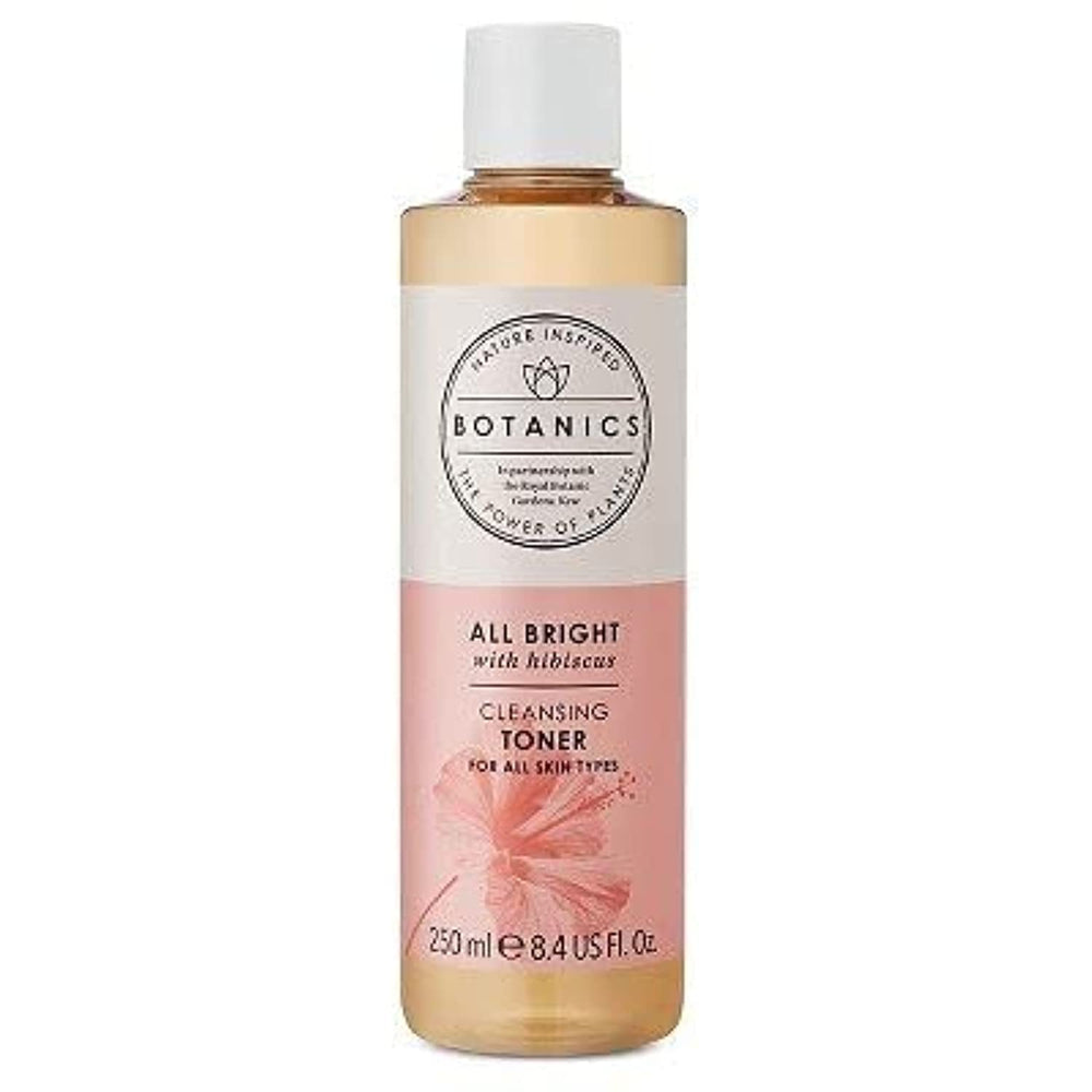 Botanics All Bright Cleansing Toner packaging highlighting hibiscus AHAs and vibrant branding.