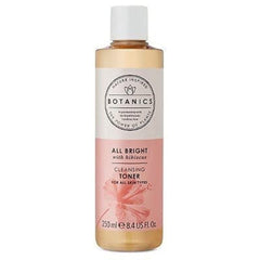 Botanics All Bright Cleansing Toner packaging highlighting hibiscus AHAs and vibrant branding.
