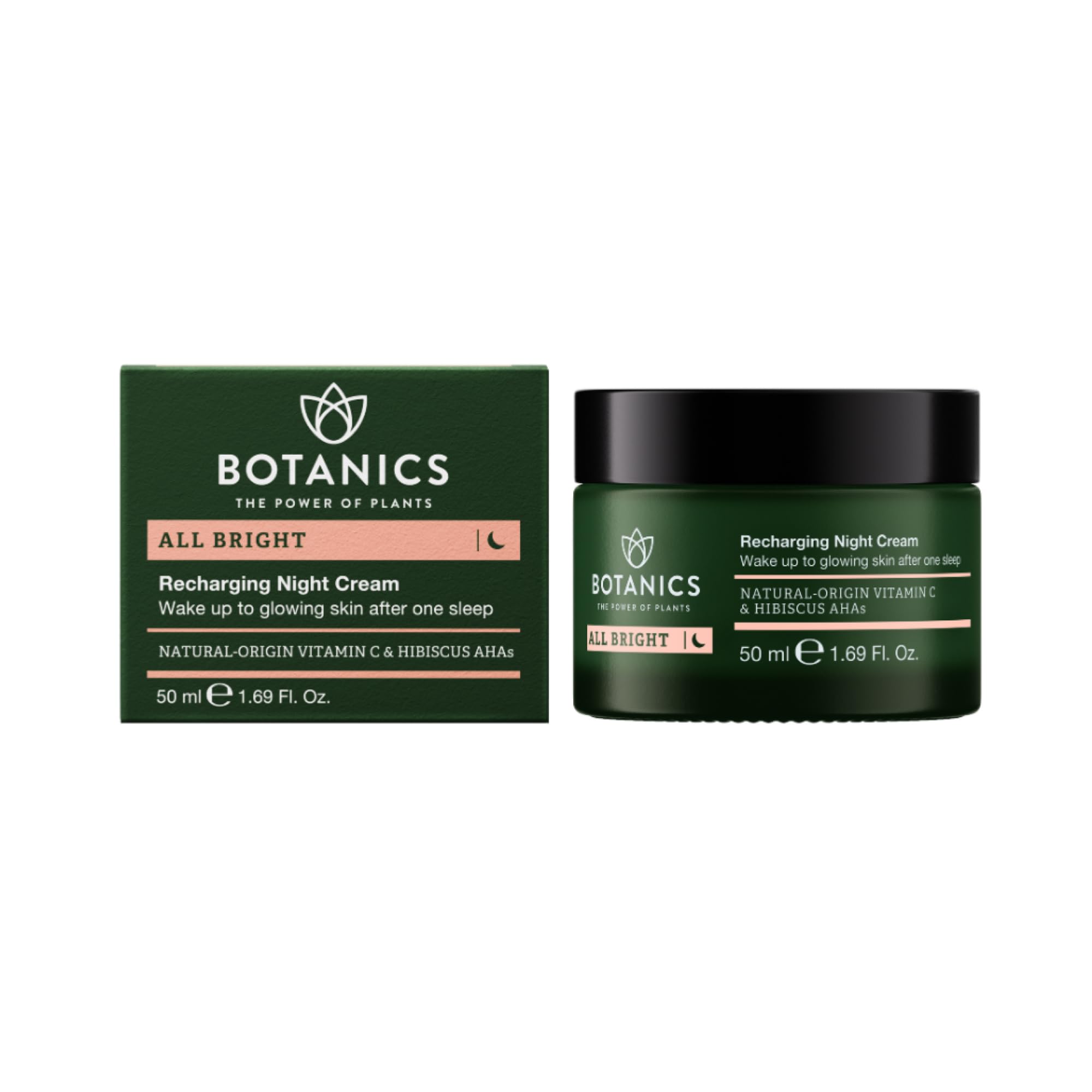 Botanics All Bright Night Cream jar packaging for a soothing overnight routine that nourishes skin
