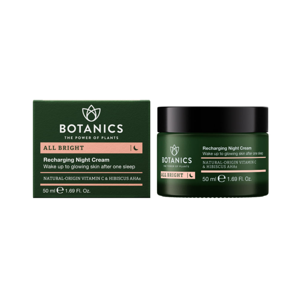 Botanics All Bright Night Cream jar packaging for a soothing overnight routine that nourishes skin
