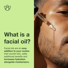 Botanics facial oil for men in hand ready for a smooth, quick application.