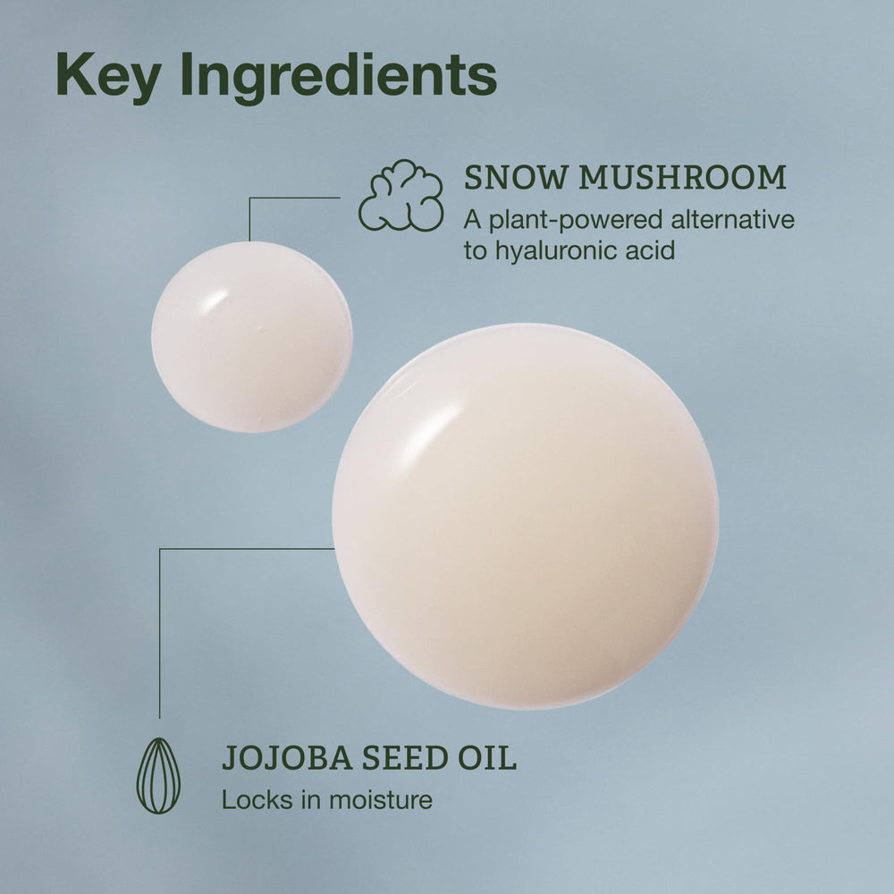 Botanics Hydrating Serum Snow Mushroom close-up highlighting hydration
