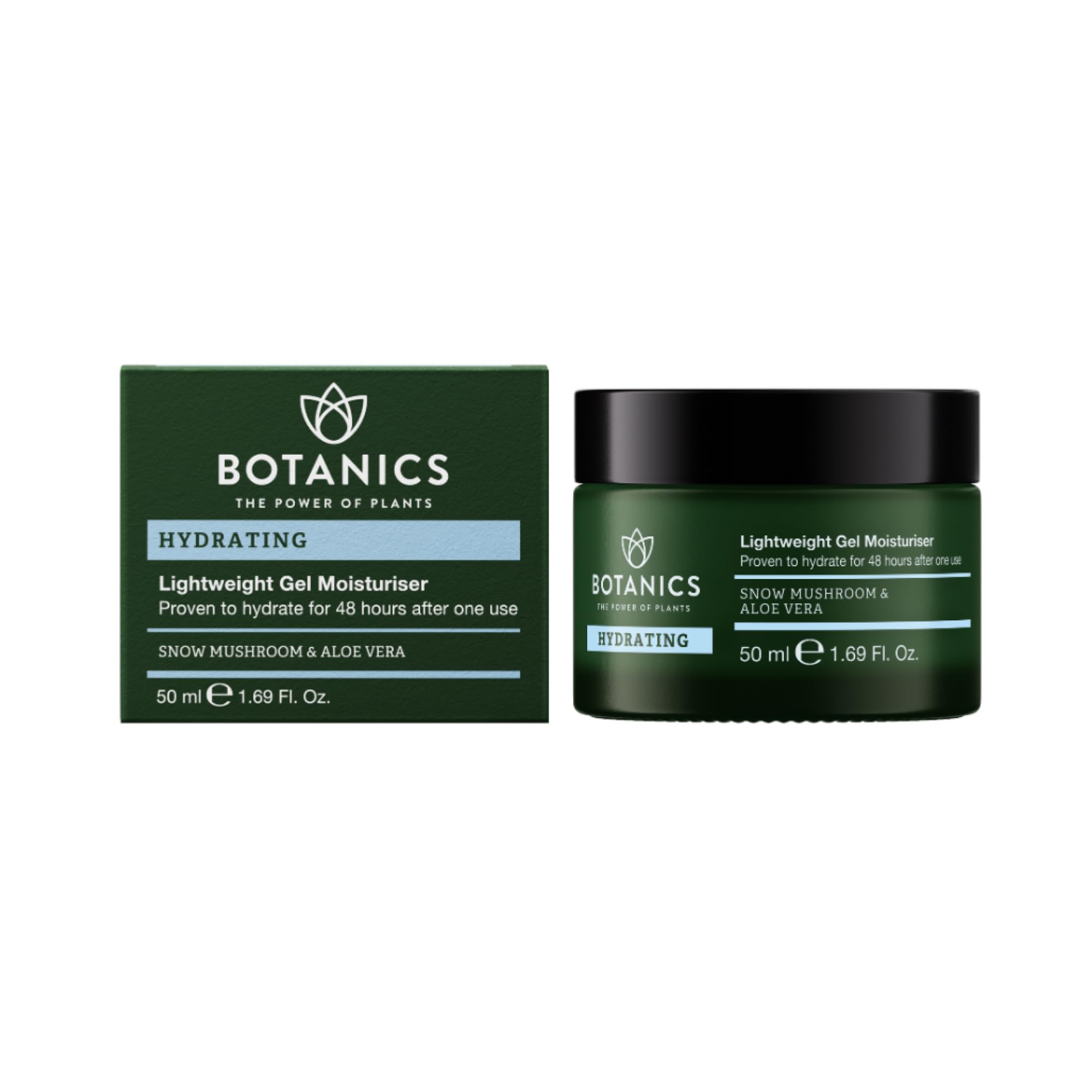 Botanics lightweight gel moisturizer jar for lasting hydration and light feel.