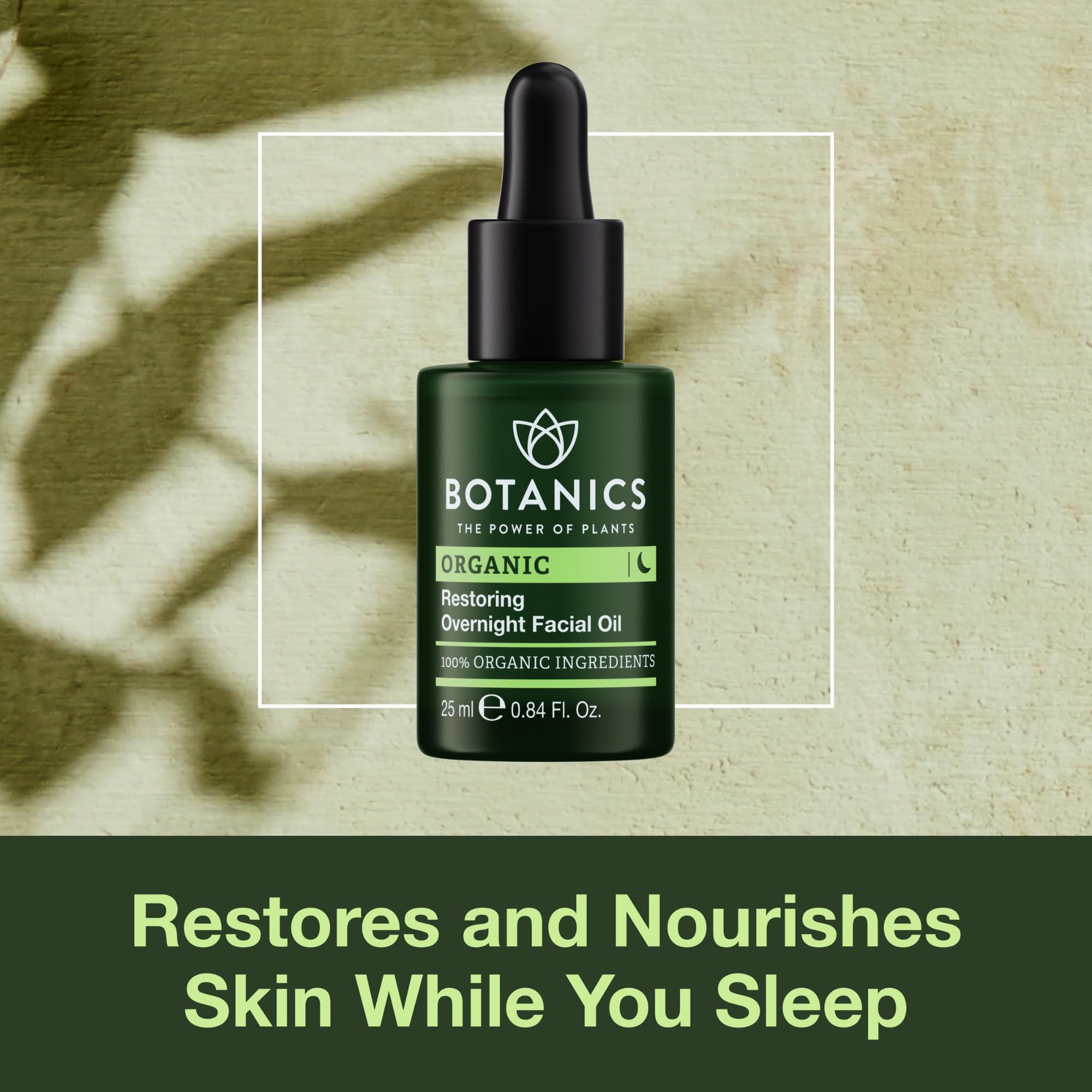 Botanics Overnight Face Oil dropper close-up highlights rosehip infusion for soft skin