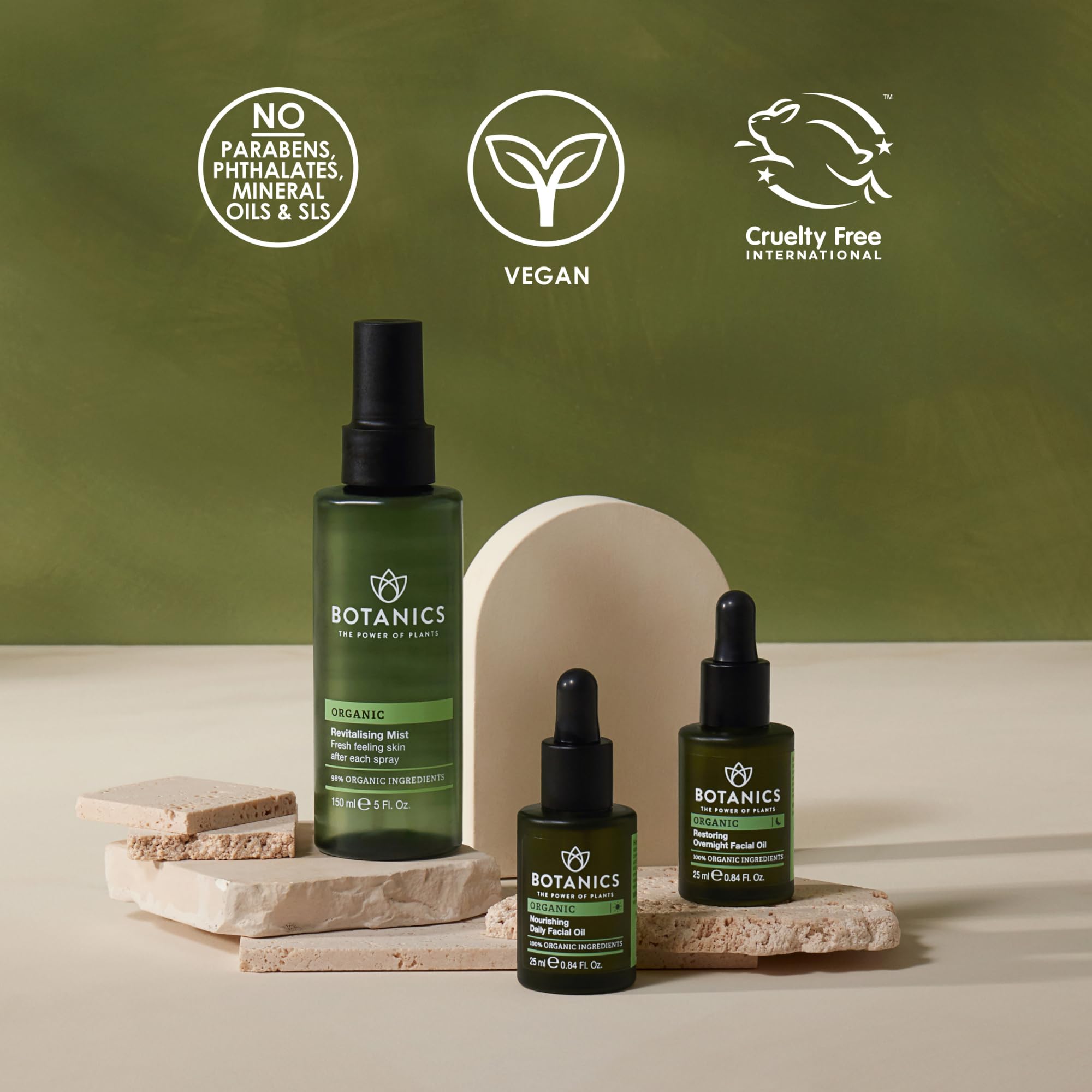 Botanics Overnight Face Oil night-routine scene suggests calm prep for tomorrow