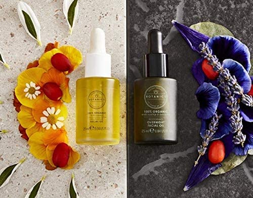 Botanics Organic Restoring Overnight Facial Oil packaging box on display, compact and travel-friendly