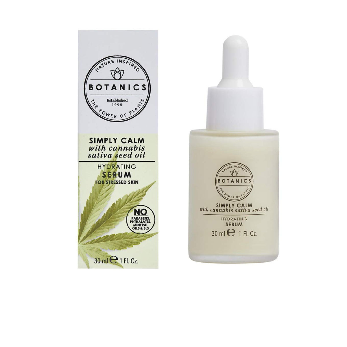 Botanics Simply Calm serum bottle being poured for lightweight hydration