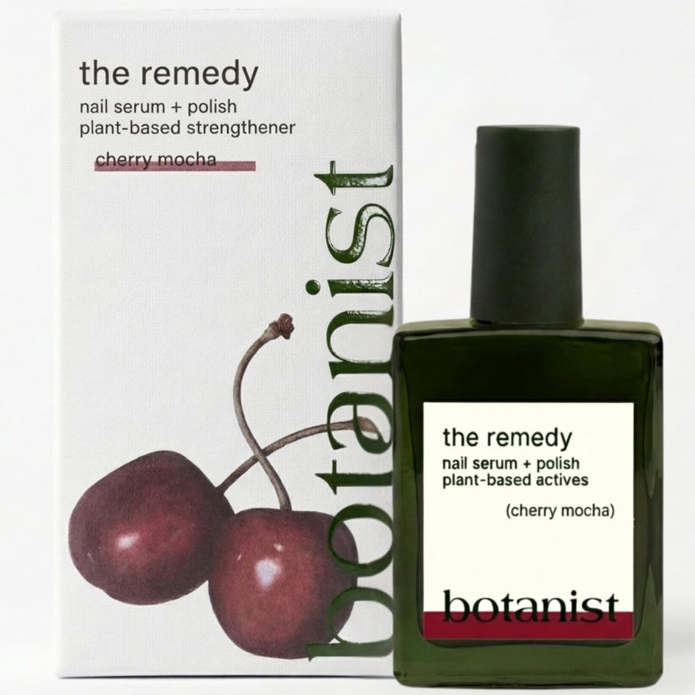 Botanist Nails The Remedy bottle pour showing fast-drying formula for on-the-go use.