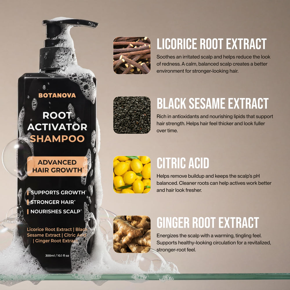 BOTANOVA Root Activator Shampoo pour showing easy, even application.