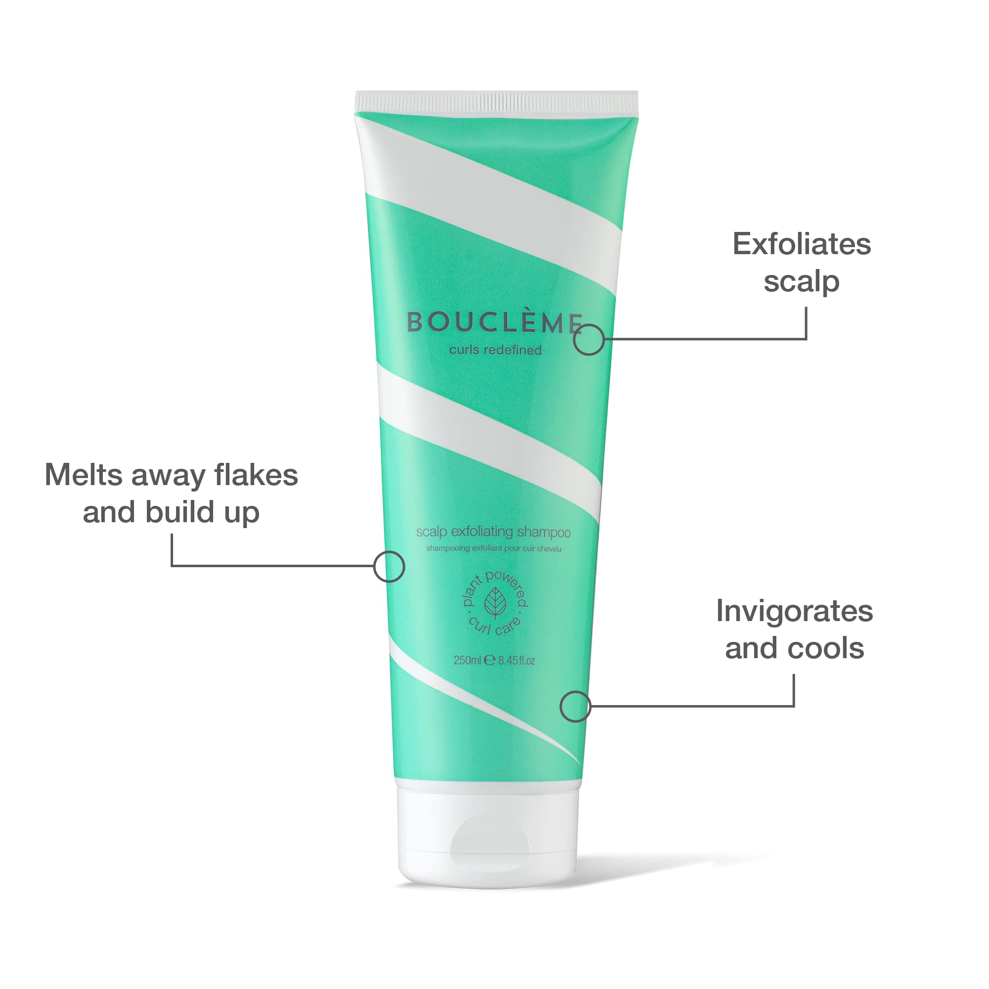 Bouclème 250ml tube packaging highlights vegan, plant-powered formula for healthy curls.