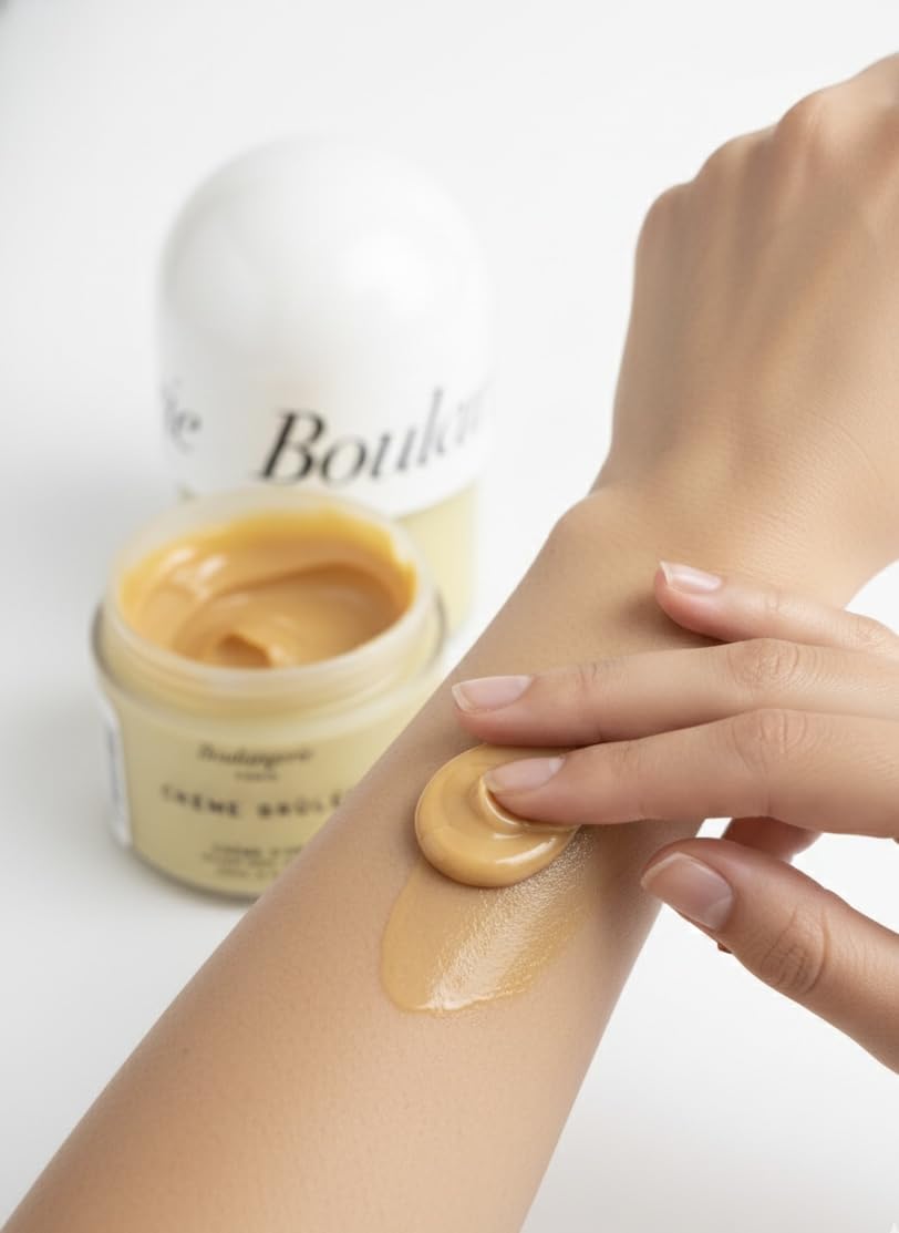 Boulangerie Vanilla Cream fragrance swirl highlighting Fresh Pear, Rose, and vanilla notes.