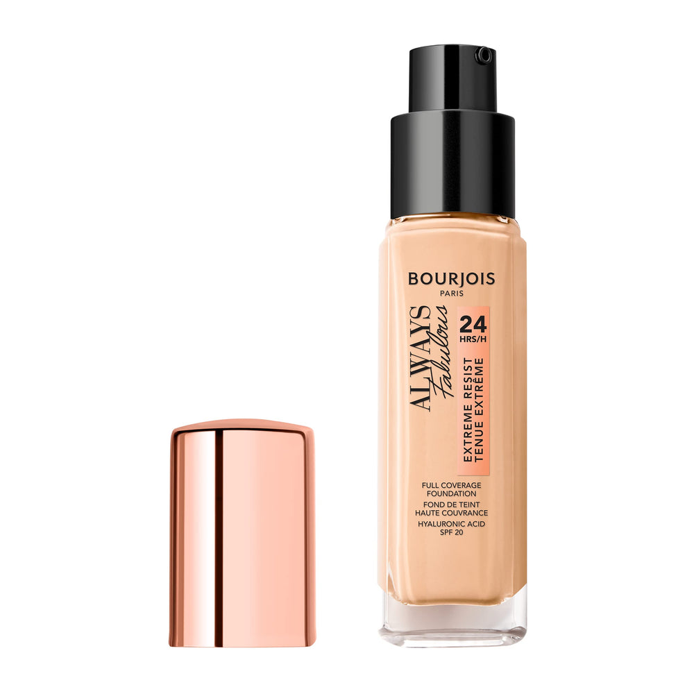Bourjois Always Fabulous 24H foundation bottle pour showing long-lasting coverage with SPF20
