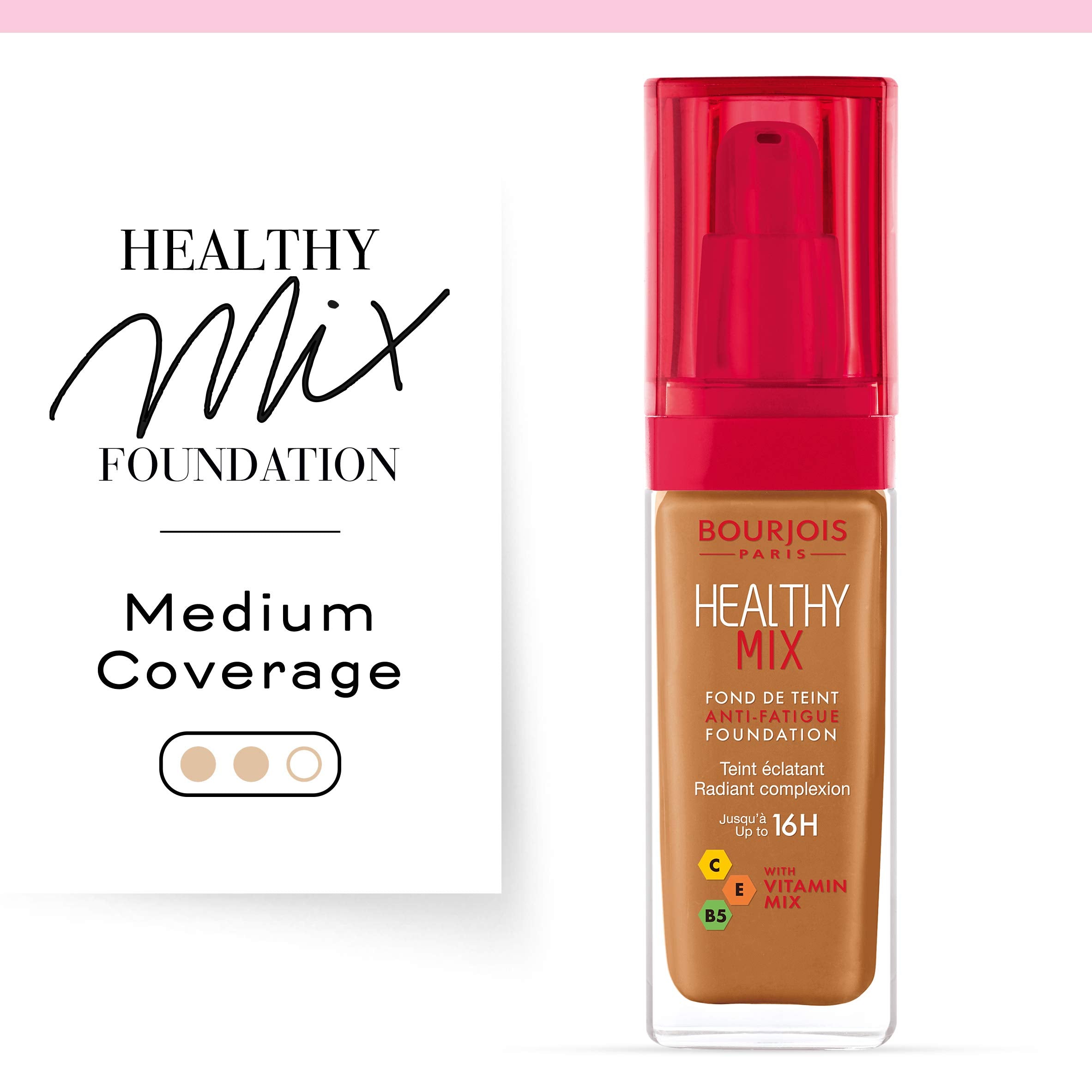 Bourjois Healthy Mix application on face demonstrates even coverage with a semi-matte finish.
