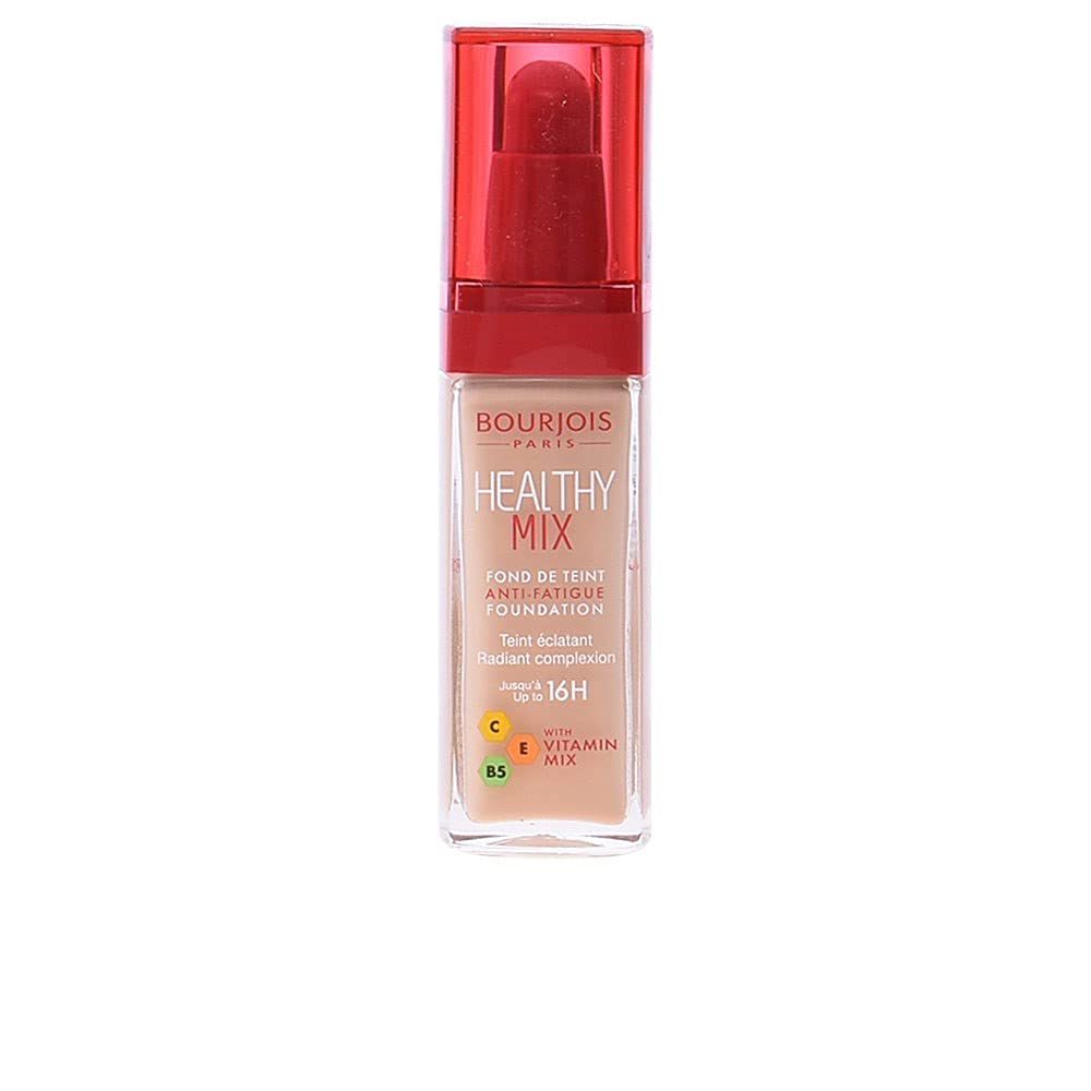 Bourjois Healthy Mix Anti-Fatigue Foundation bottle in Vanilla for hydrated, radiant all-day wear.