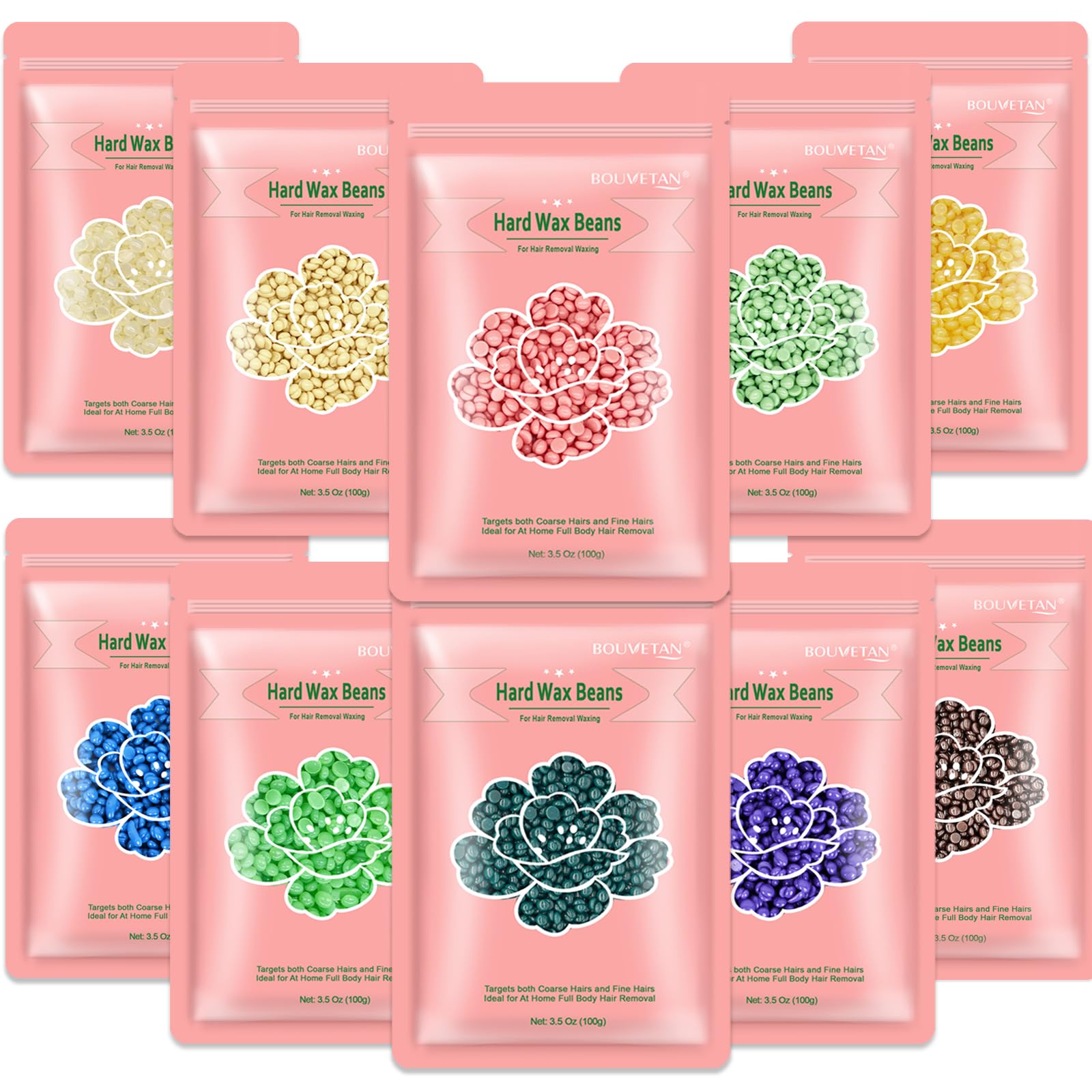 Bouvetan hard wax beads in vibrant colors for gentle, long-lasting hair removal at home.