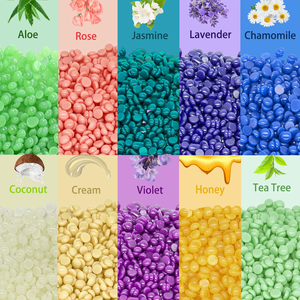 Bouvetan wax beads color varieties scented for fun sessions and mood-matching waxing.