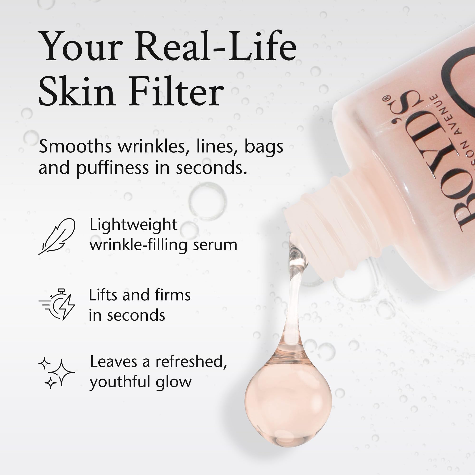 Applying Boyd's No Lines serum with fingertips to smooth fine lines