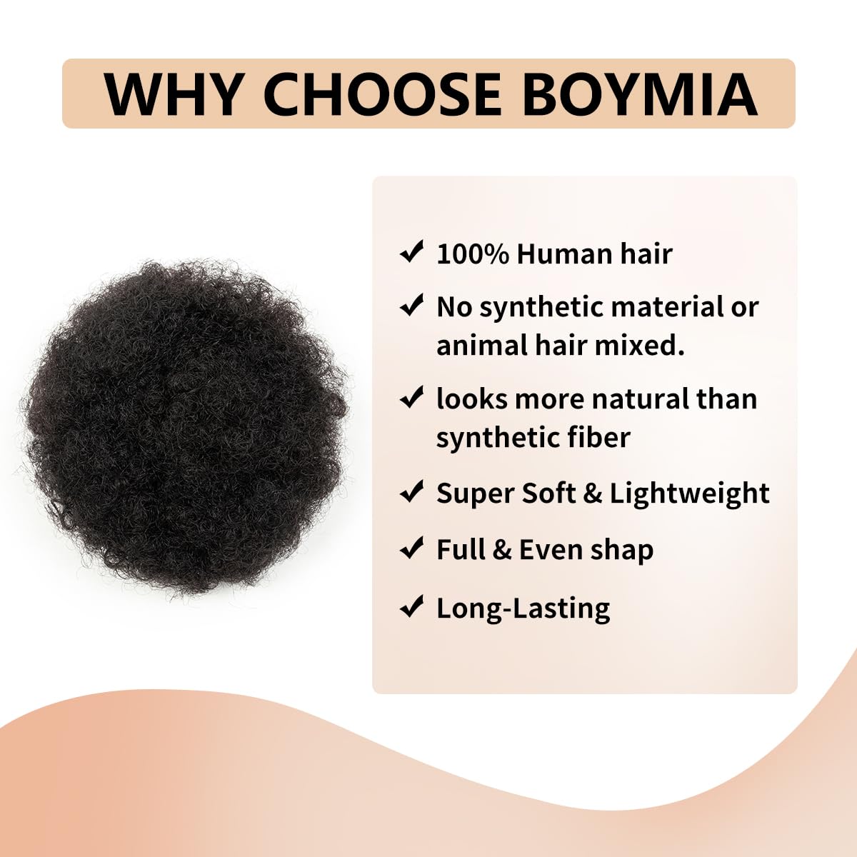 Boymia Afro Puff Ponytail in natural black blends with hair.
