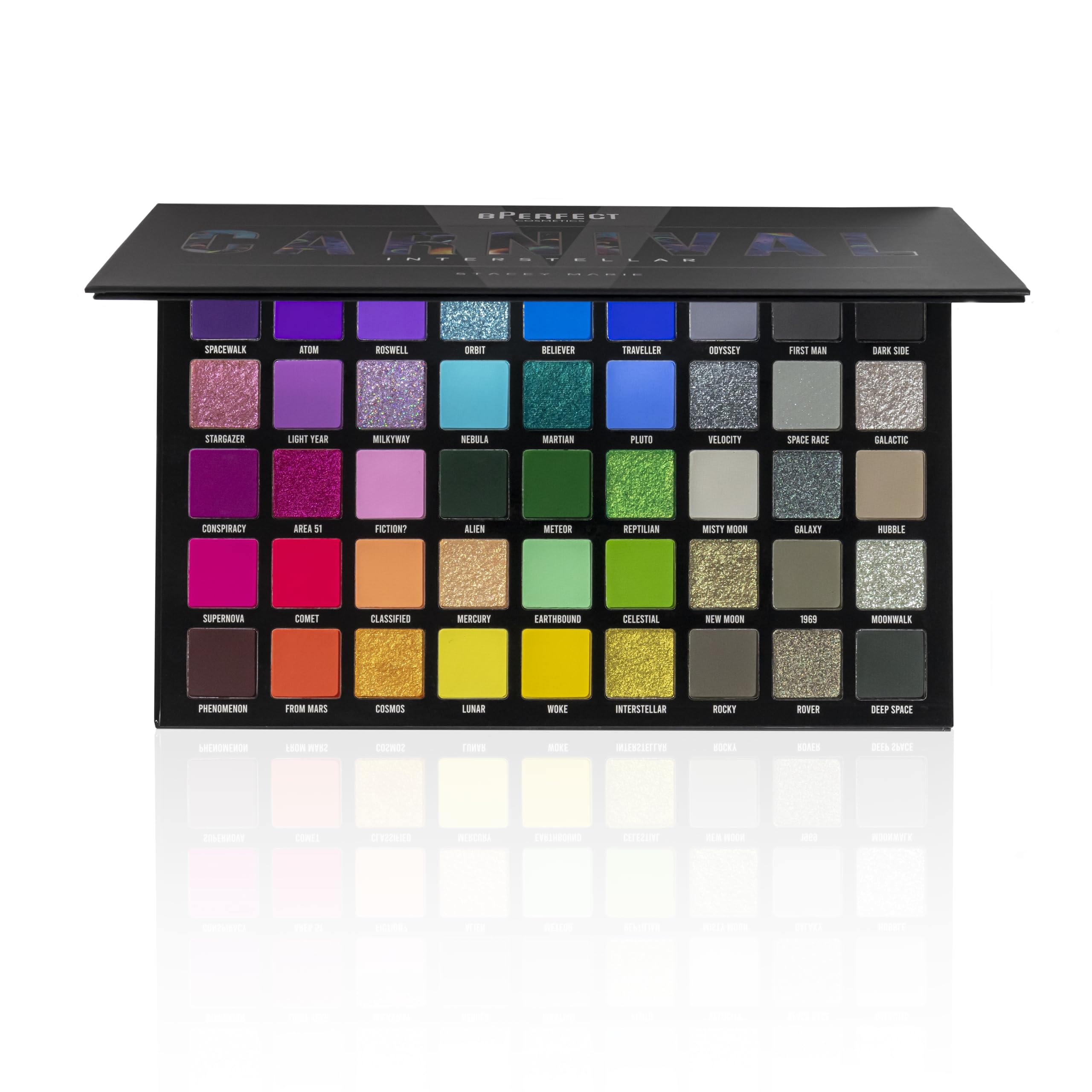 BPerfect Carnival V Interstellar Palette Stacey Marie—front view showing bold, blendable shades for creative looks.