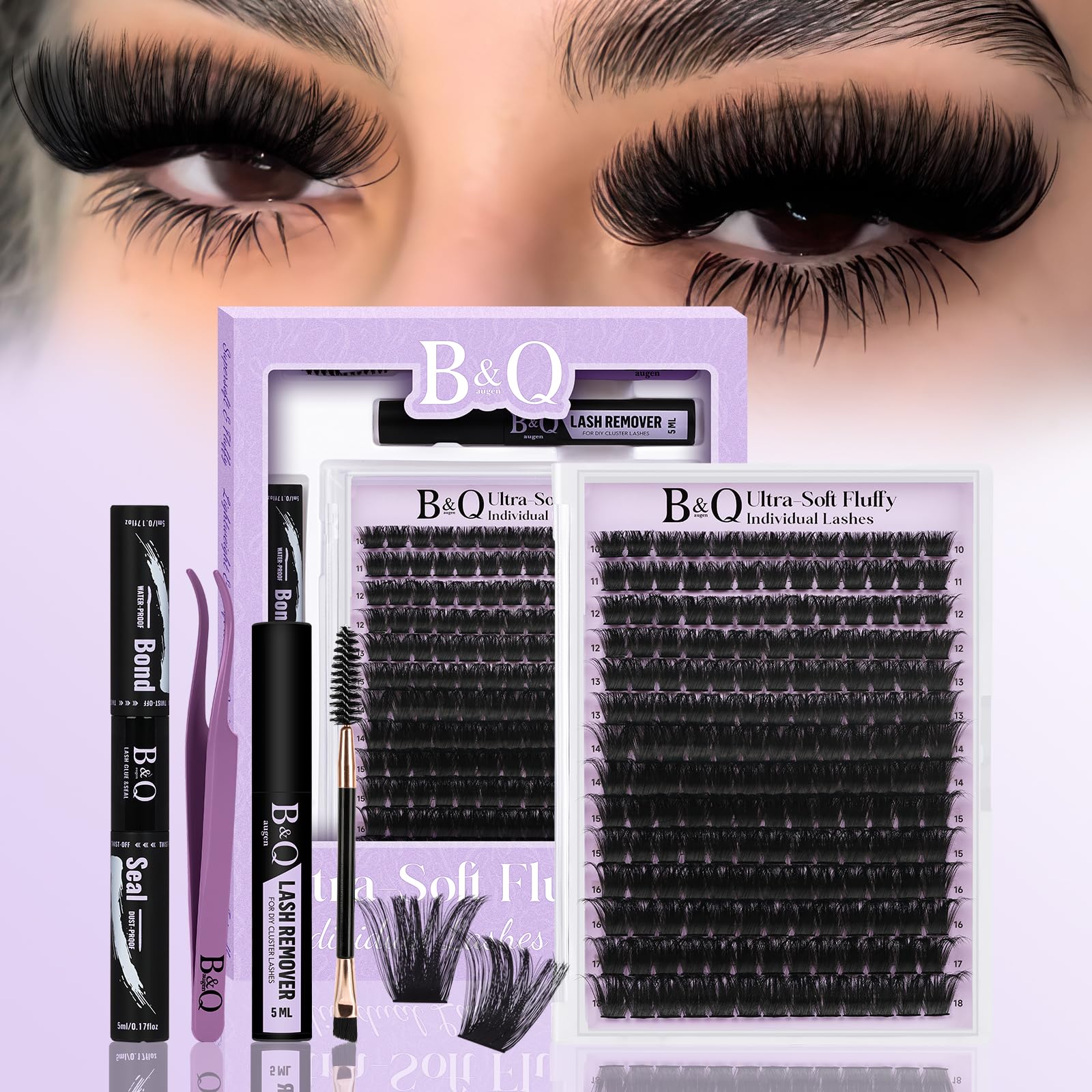 B&Qaugen fluffy lash clusters kit – front view for at-home lash transformation.