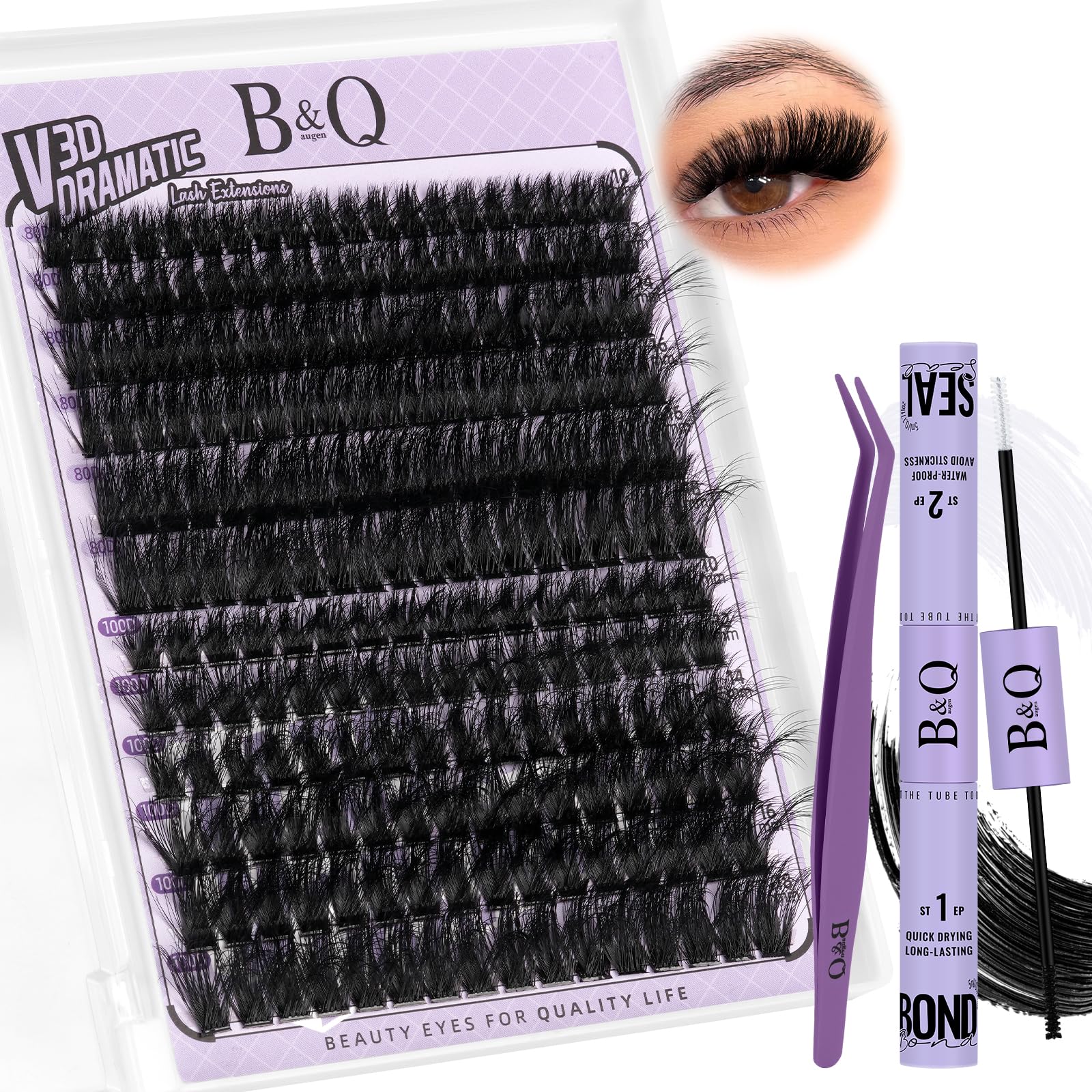 B&Qaugen Lash Clusters Kit 216pcs dense D curl lashes for dramatic volume.