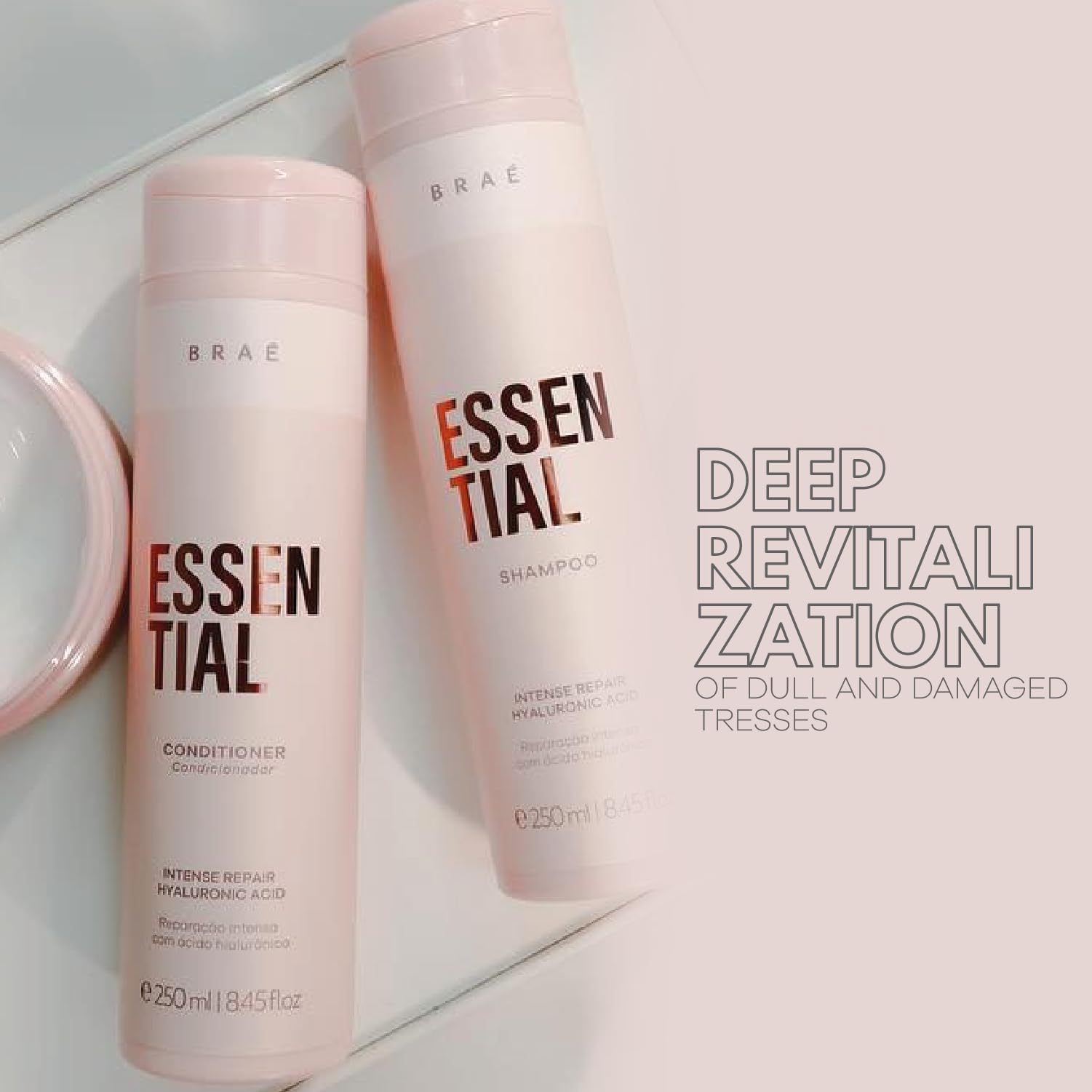 Braé Essential Shampoo application on hair, emphasizing cleansing and gentle repair.